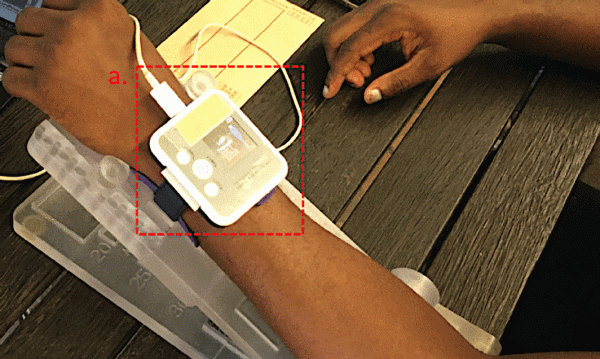 Showing pulse oximeter and color sensor combining to measure oxygen in blood and skin tone