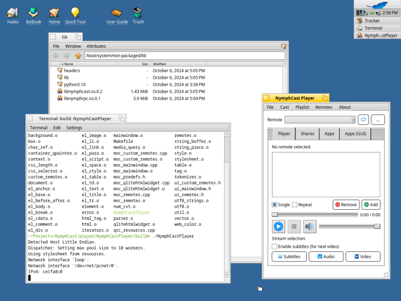 Qt5-based NymphCast Player running on Haiku Beta 5.